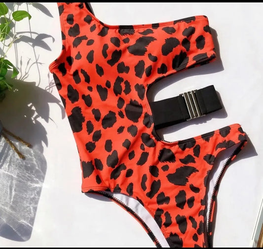 Orange Leopard One Piece Strap SwimSuit