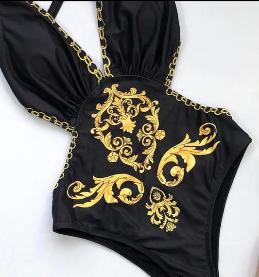 Black With Gold Trim One Piece Swimsuit