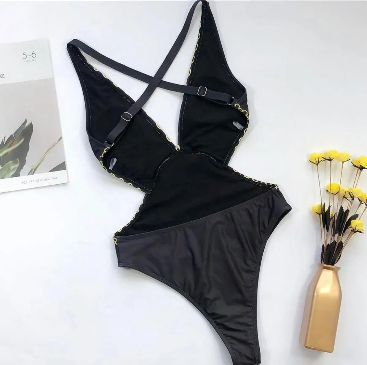Black With Gold Trim One Piece Swimsuit